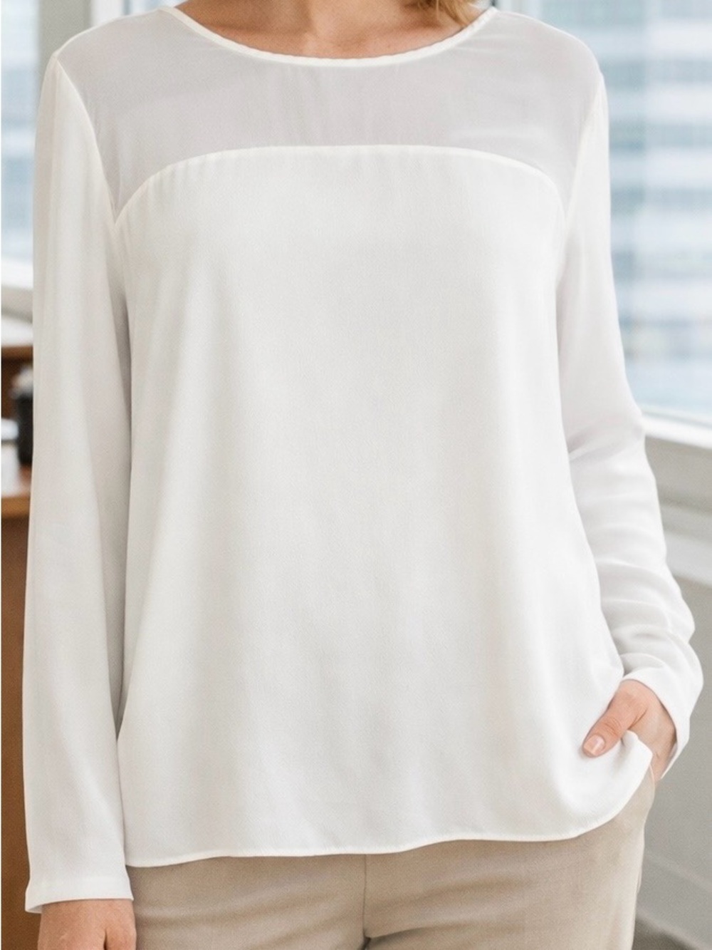 Charming Charlie White Sheer Pleated Back Blouse Top Tie Neck Mixed Media Boho M